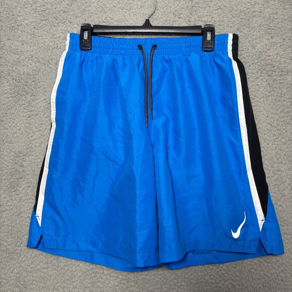 Nike Athletic Shorts Mens L Blue Black White Mesh Panel Swoosh Training Gym Y2K